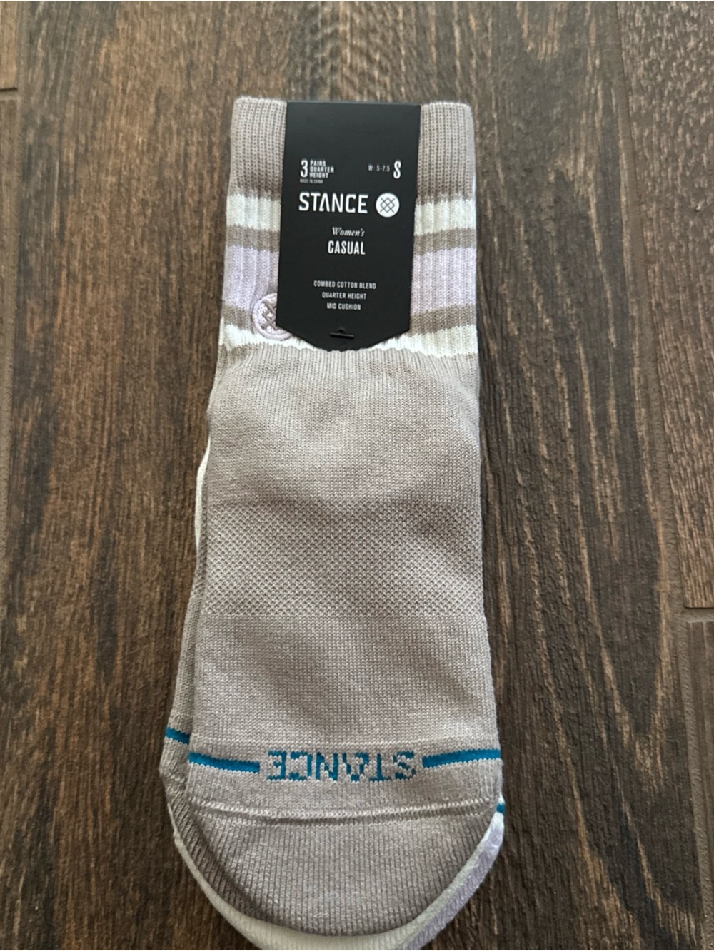 Stance women’s Casual Crew Socks — Light Taupe with White & Gray Stripes 3 pk